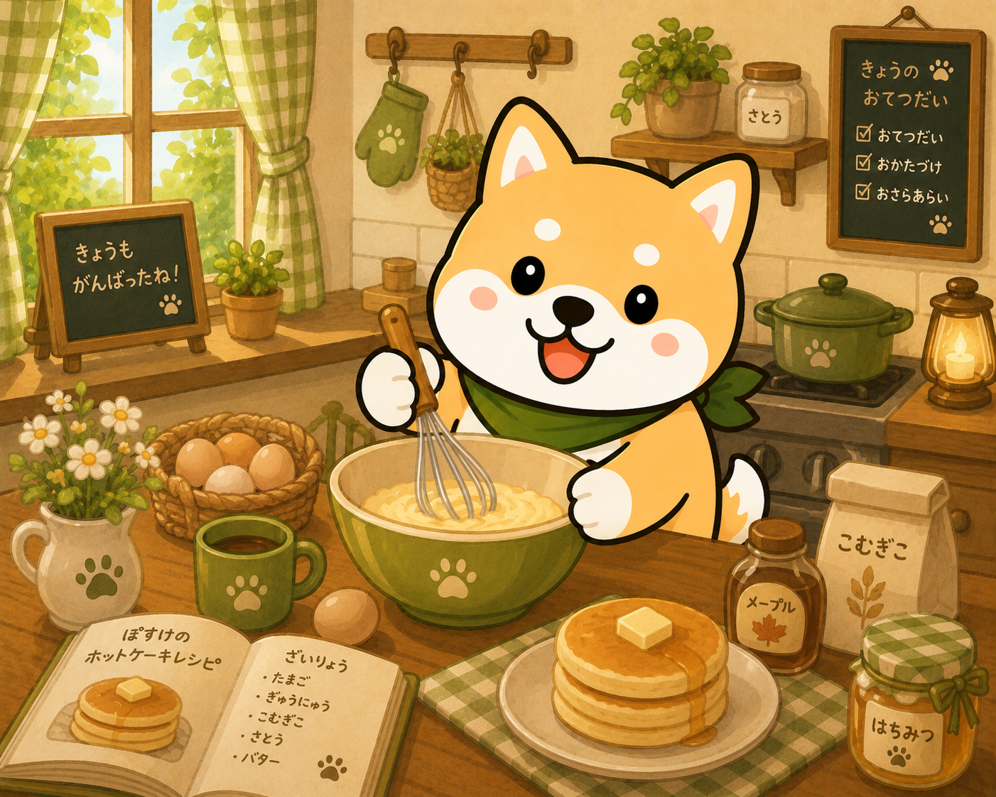 キッチンで料理するぽすけ